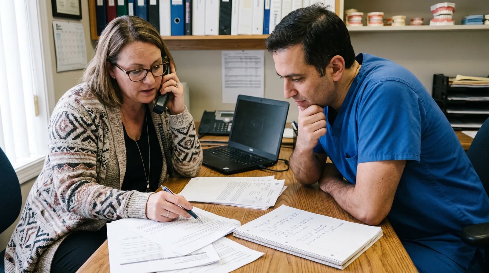 Dental office manager reviewing an AI receptionist case study dental practices use to verify vendor ROI claims