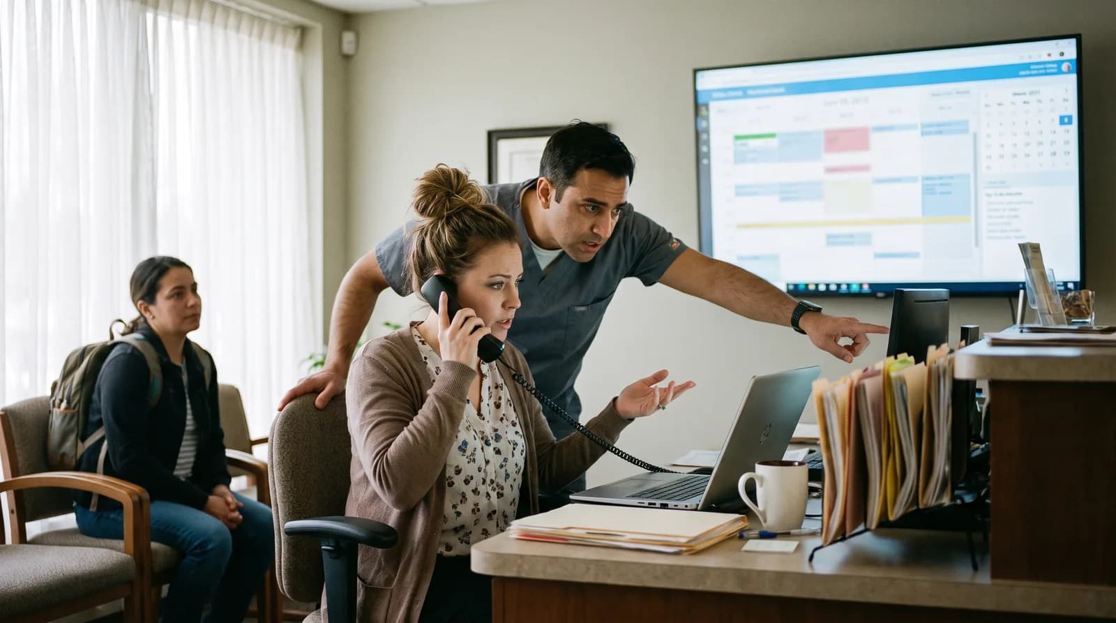 Dental front desk staff reviewing an out of network insurance estimate with a patient